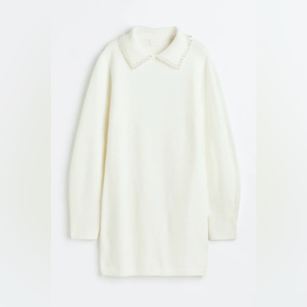 H&M Cream Pearl Collared Sweater Dress